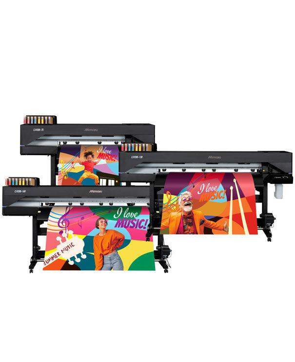 Wide format printers displayed in three sizes, producing vibrant large-scale graphic prints on rolled media. 