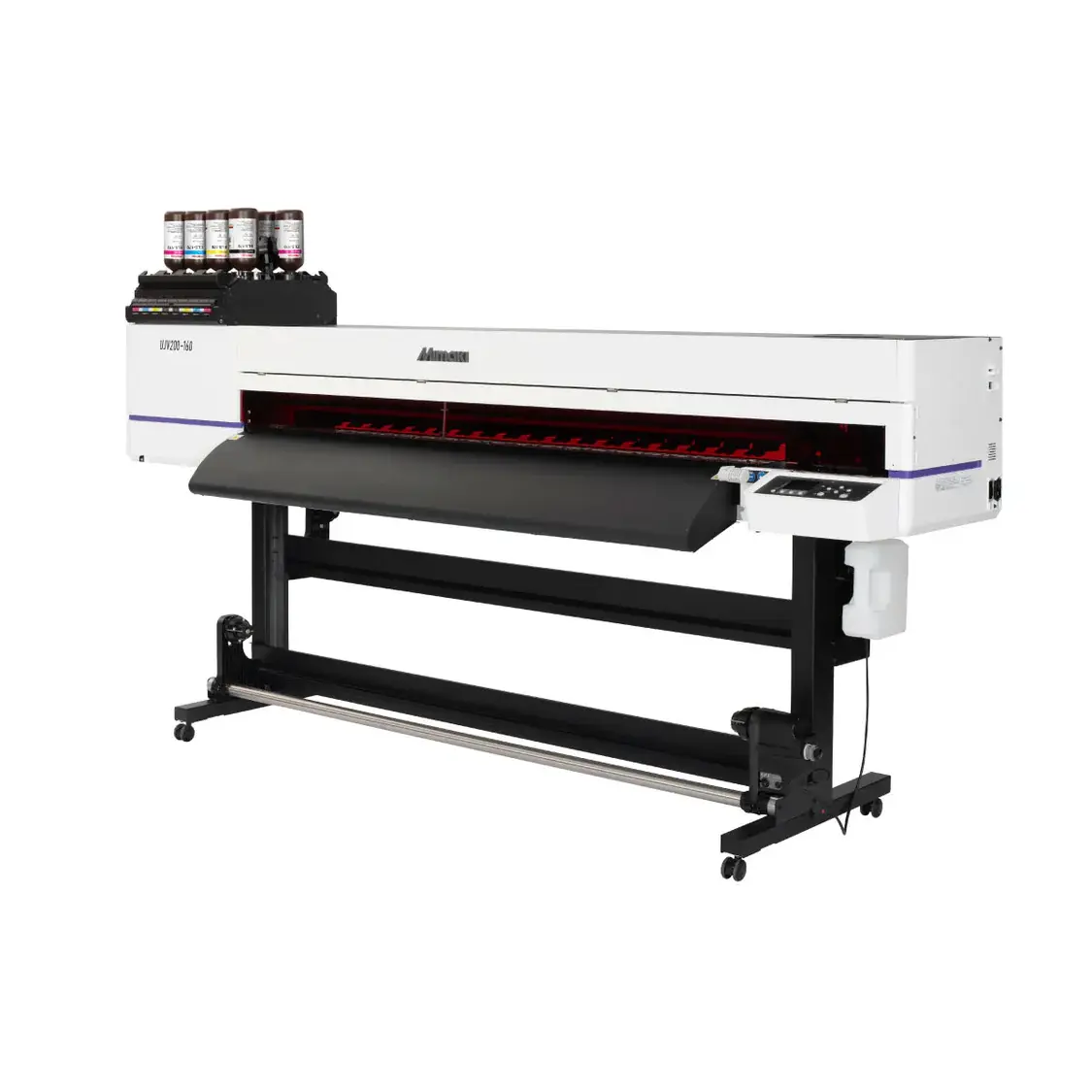 Wide format printer shown in side profile with ink bottles loaded, representing a high-performance upgrade option for professional large format printing production. 