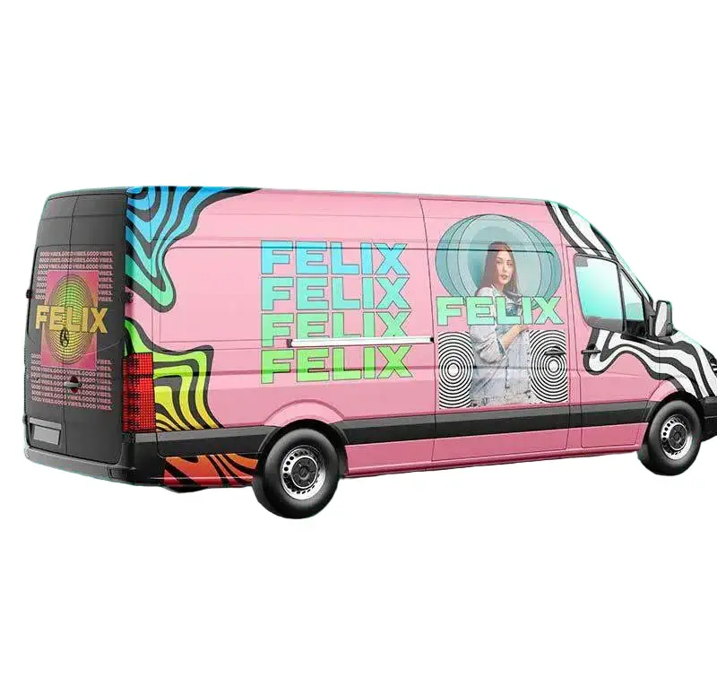 Large panel van covered in a vibrant full-colour vehicle wrapping design featuring bold graphics and branding. 
