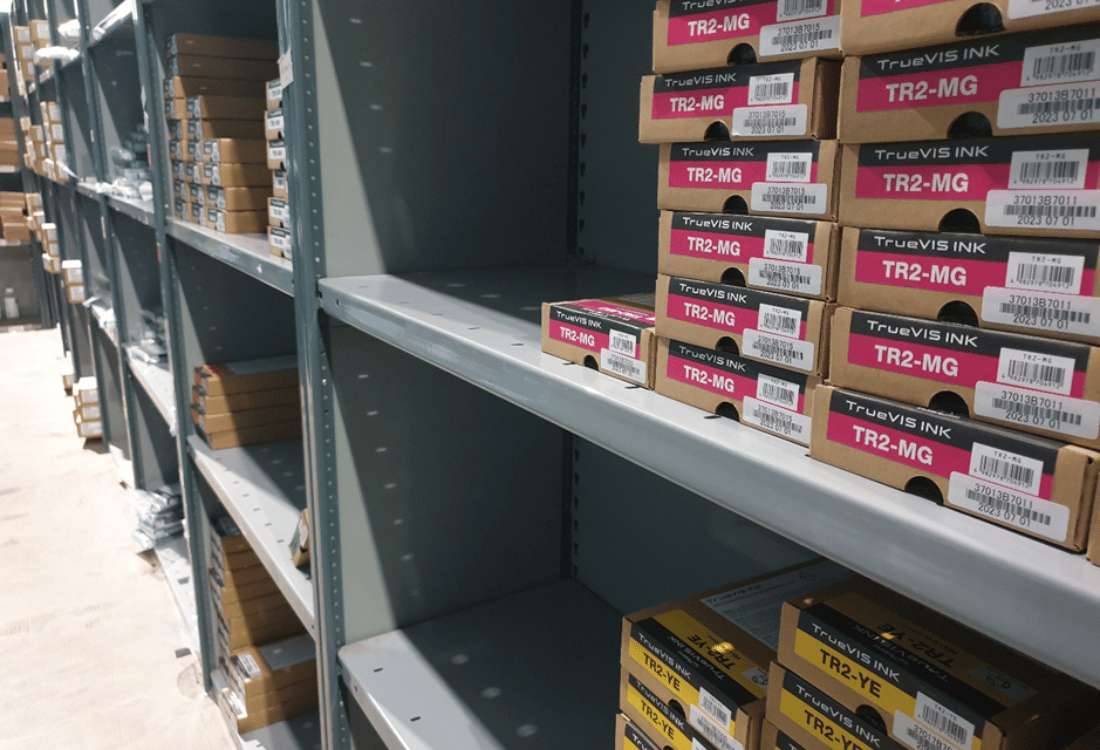 A warehouse filled with wholesale ink supplier Signmaster's stockpiled ink. 
