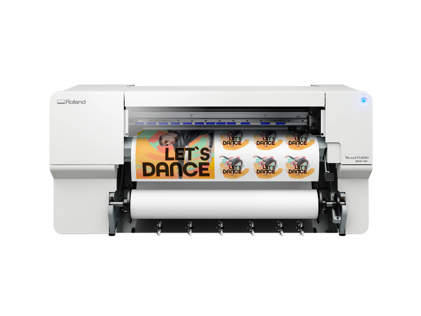 Roland BN2-30 VersaSTUDIO printer producing high-quality, vibrant sticker prints, ideal for professional sticker production with the right printer and media pairings.