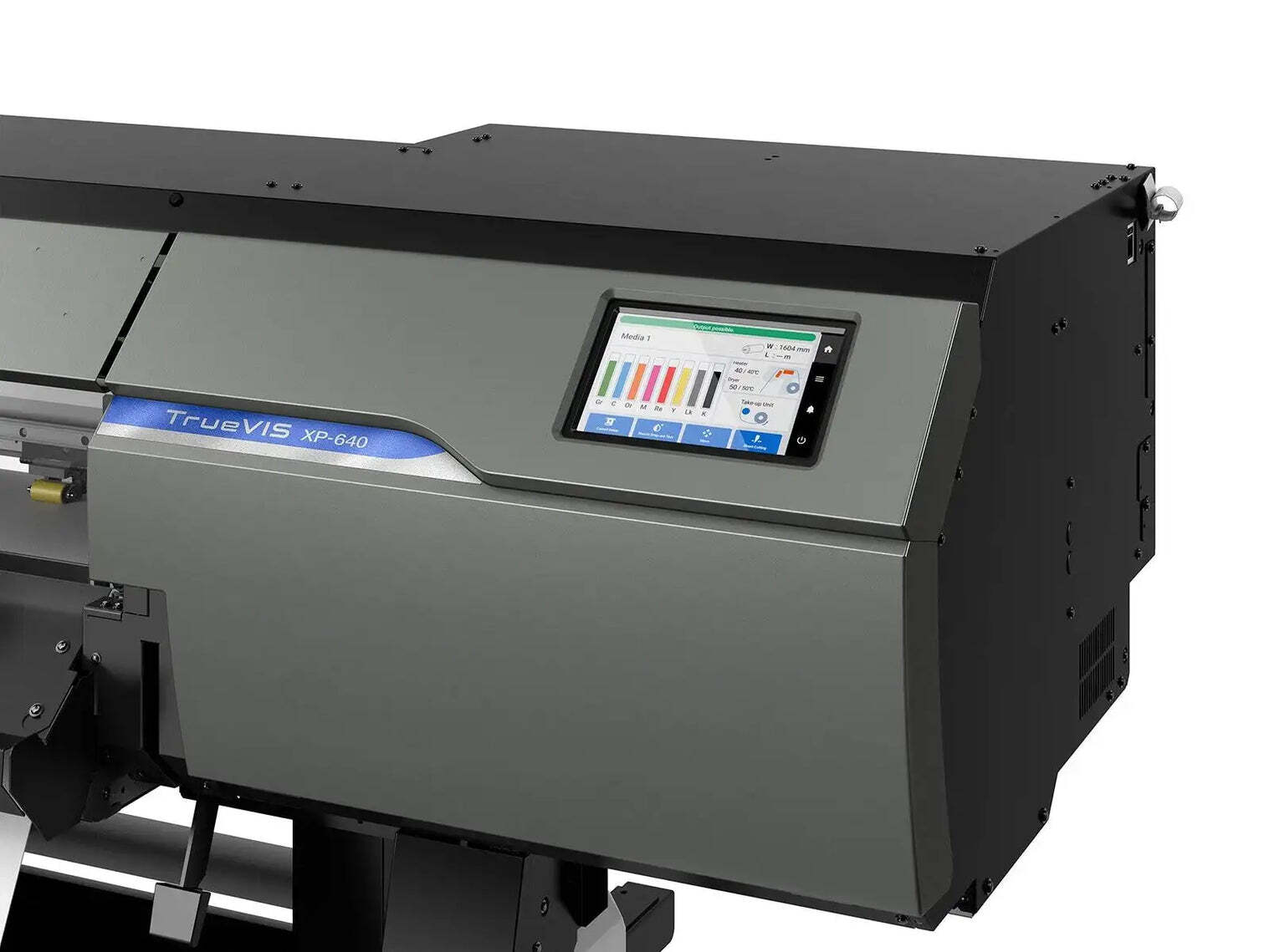 Wide format printer showcasing eco-solvent printing using Roland XP-640 for high-quality production output. 
